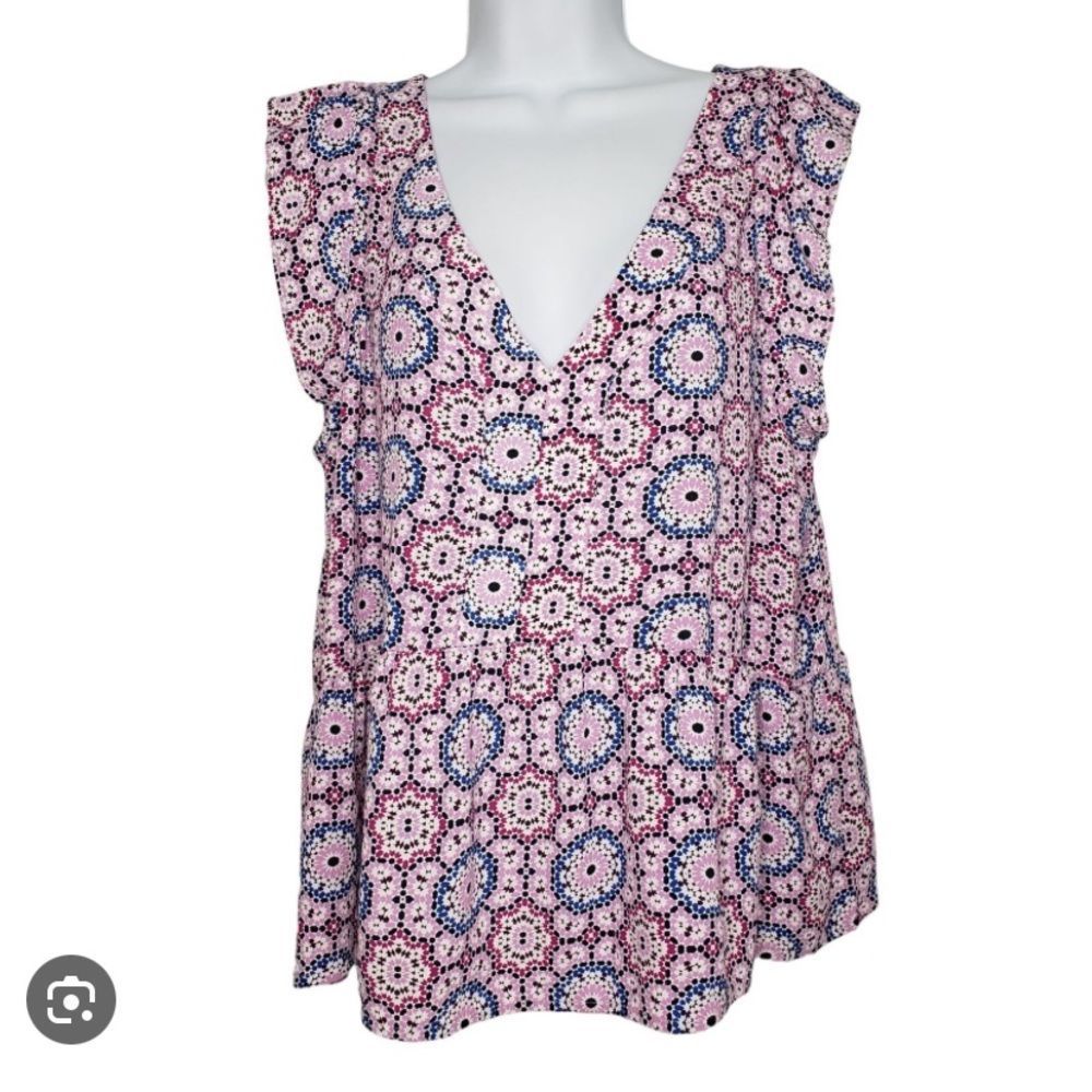 LOFT Peplum V-Neck Blouse Frills Radial Design Sleeveless - Size L